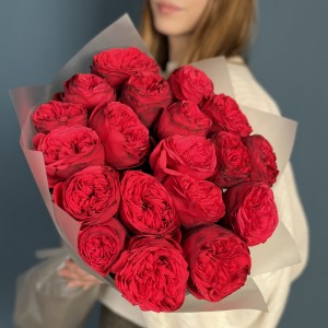 19 красных пионовидных роз Ред Пиано 50 см