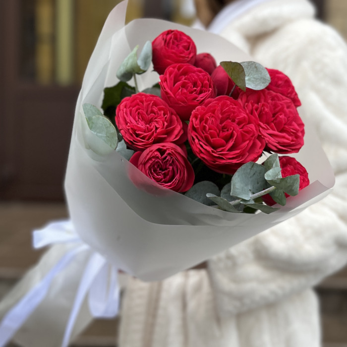 5 красных пионовидных роз Ред Пиано 60 см