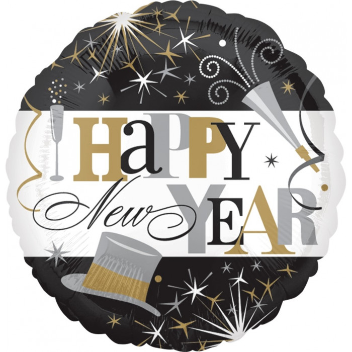Шар Круг Happy New Year Черный с Белым