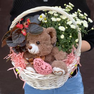 Композиция с хризантемой и мишкой в корзине Композиция с хризантемой и мишкой в корзине