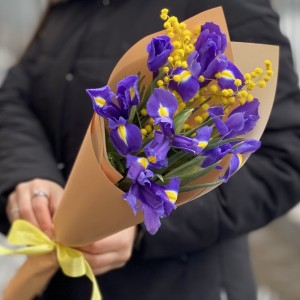 Мини-букет из сиреневых ирисов и мимозы Мини-букет из сиреневых ирисов и мимозы