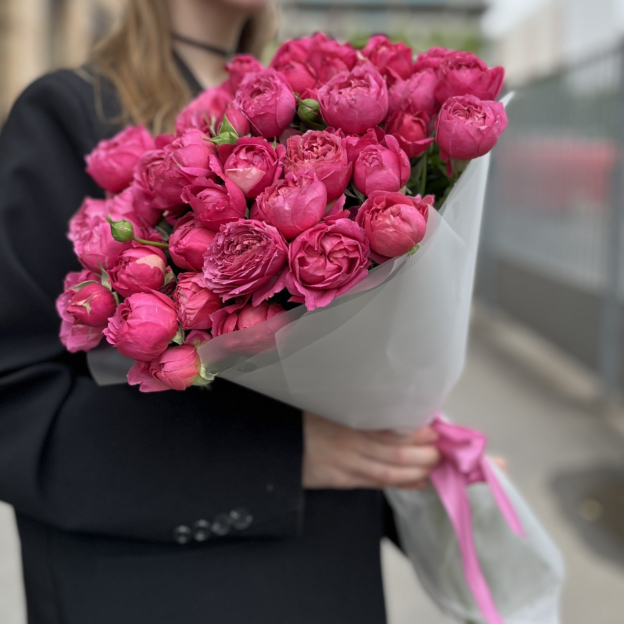 15 кустовых пионовидных роз Вишневая Джульетта