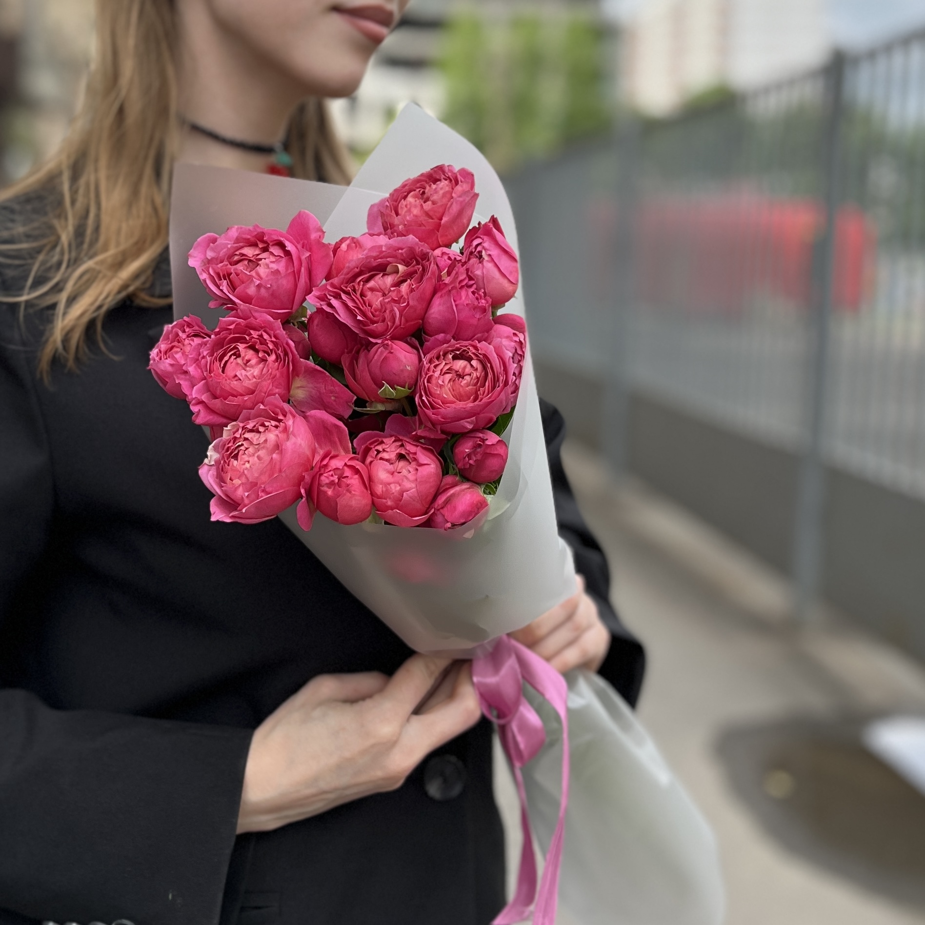 5 кустовых пионовидных роз Вишневая Джульетта