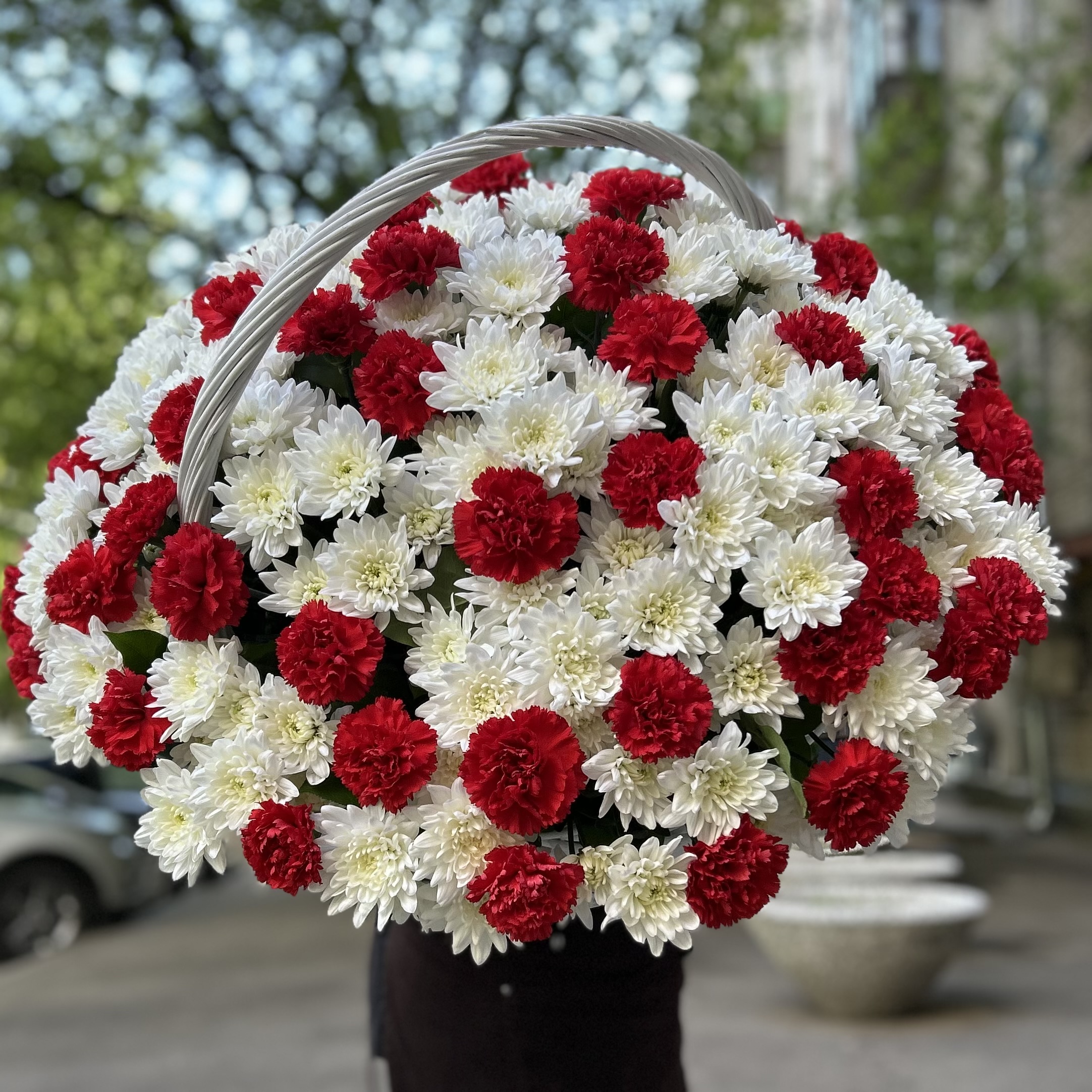 Корзина хризантем с красными гвоздиками