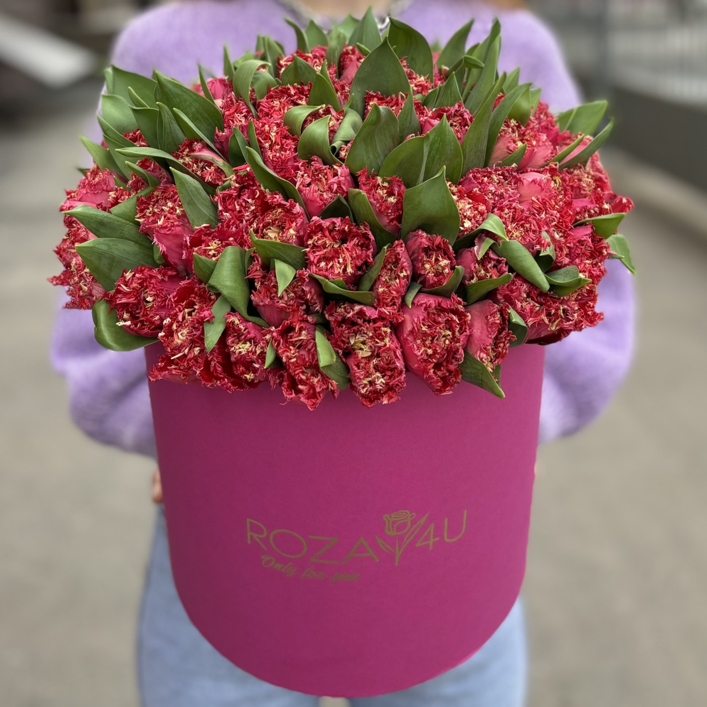101 махровый красный тюльпан Ля мур в коробке