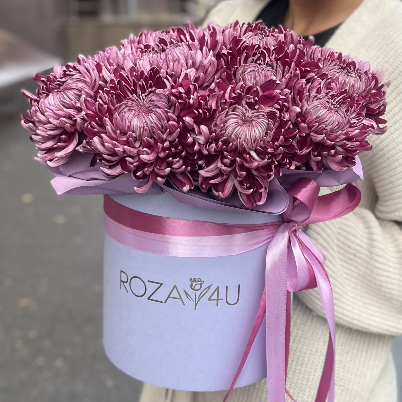 15 фиолетовых хризантем в коробке