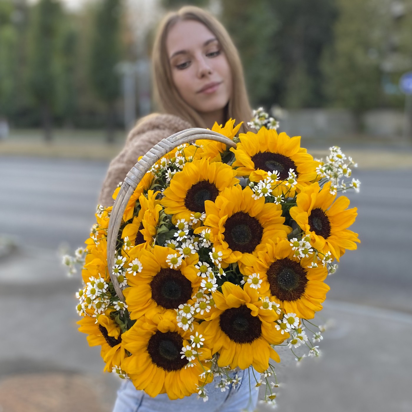 15 подсолнухов в корзине с ромашкой