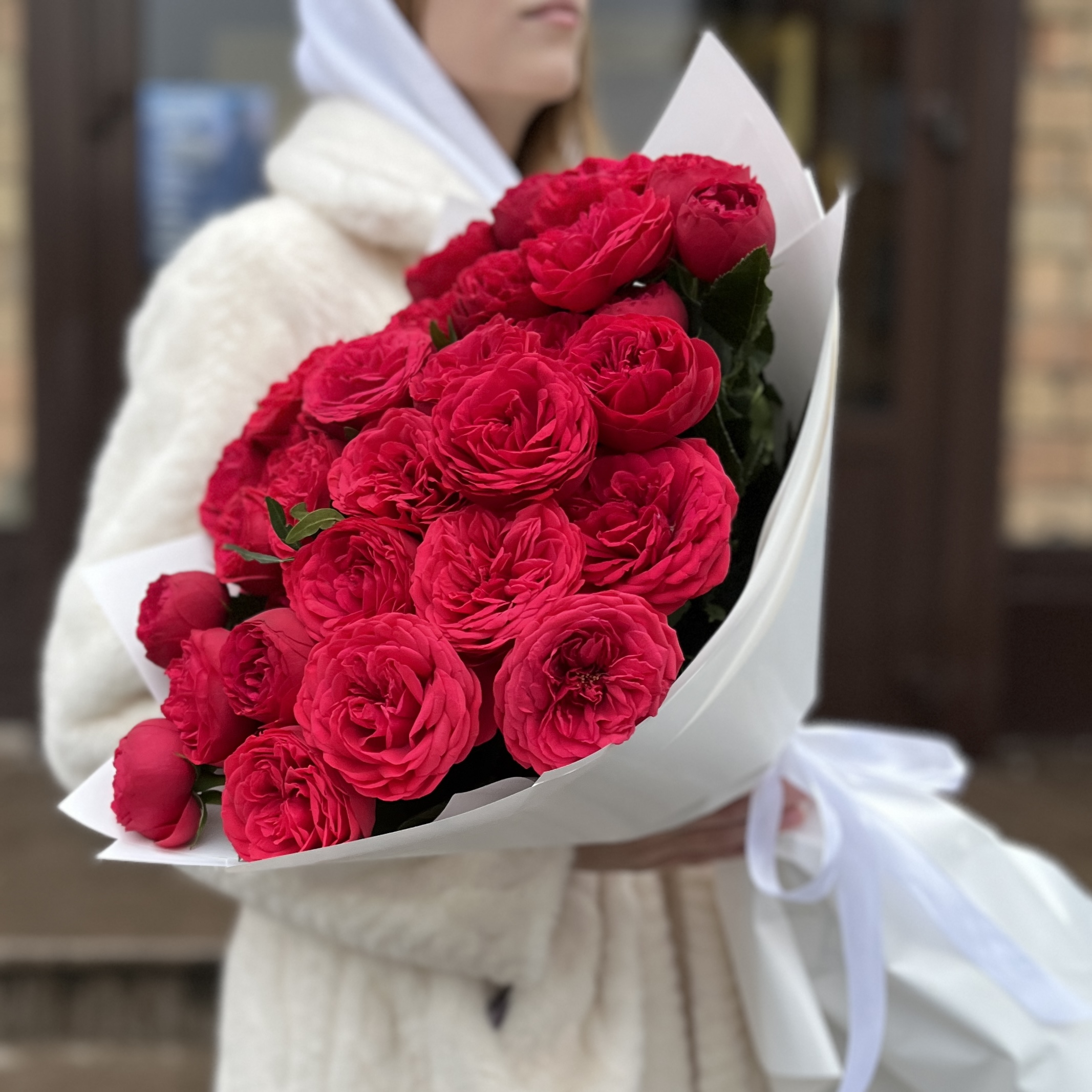 15 красных кустовых пионовидных роз Ред Пиано 60 см