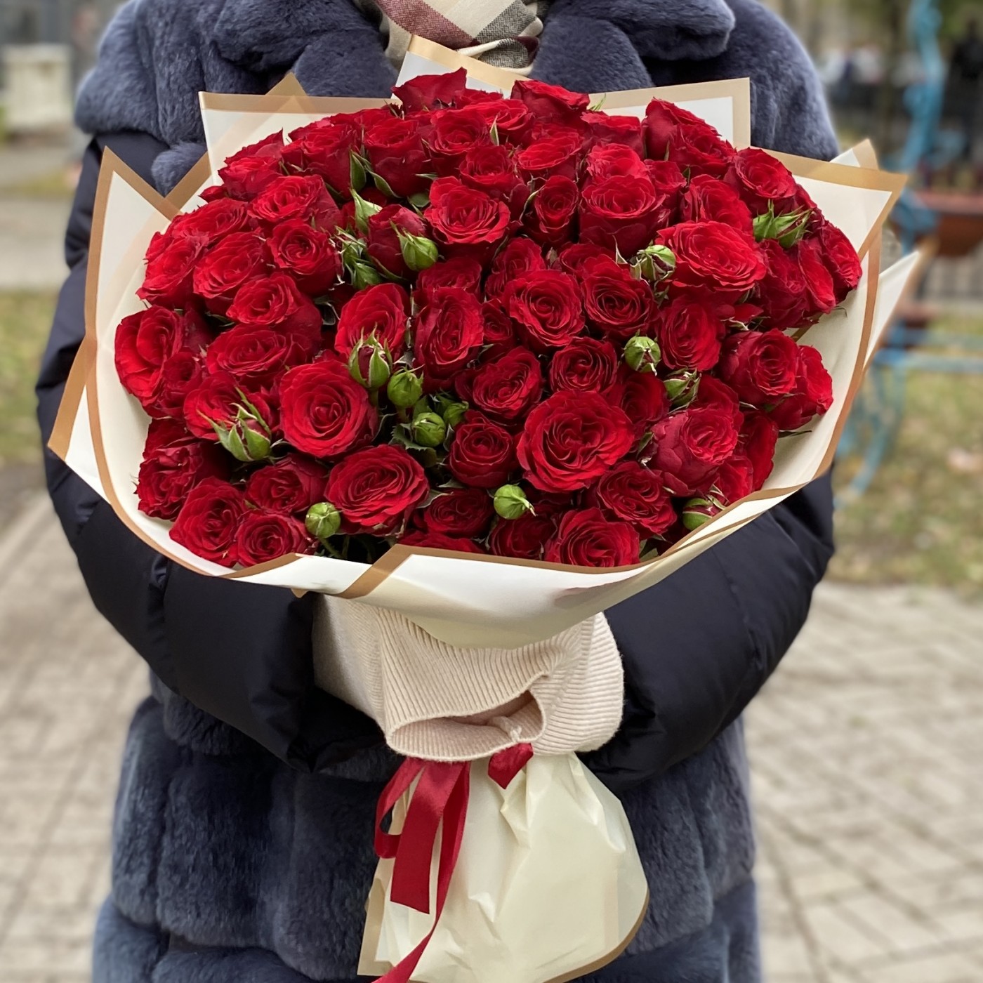 25 красных пионовидных роз Велвет Блоссом