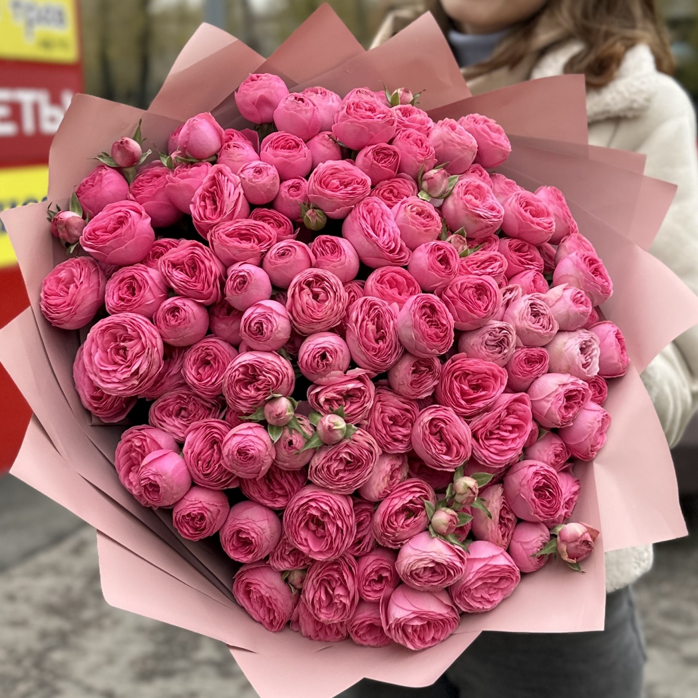25 розовых кустовых пионовидных роз Жизель