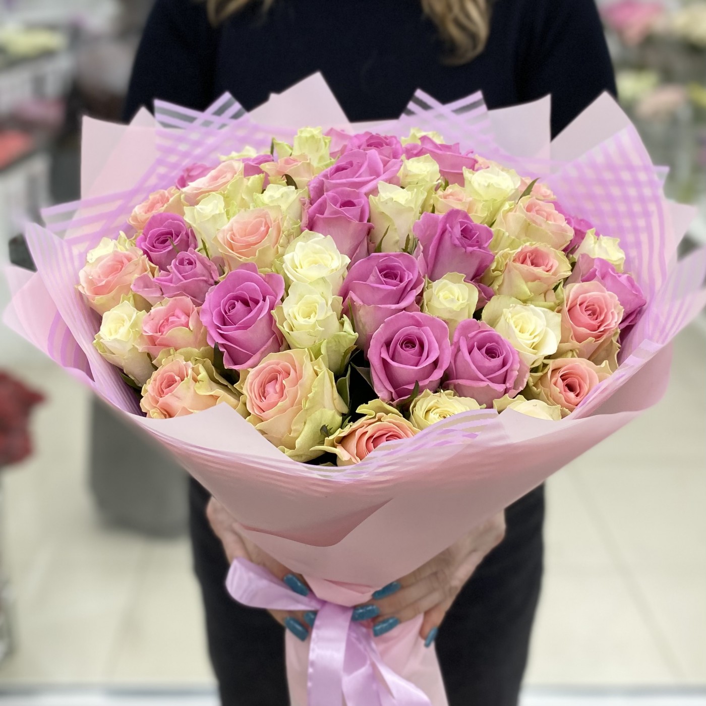 51 роза Розовый с Белым Микс