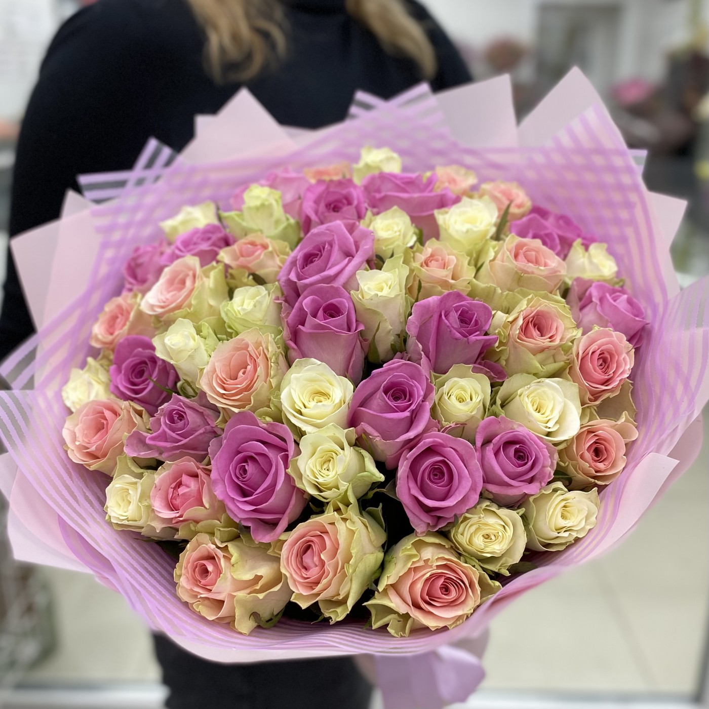 51 роза Розовый с Белым Микс