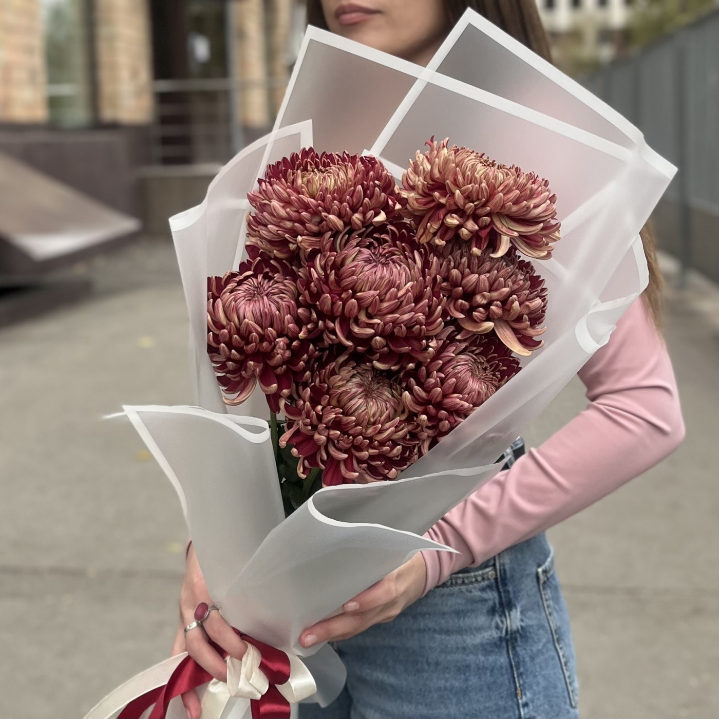 7 бордовых хризантем