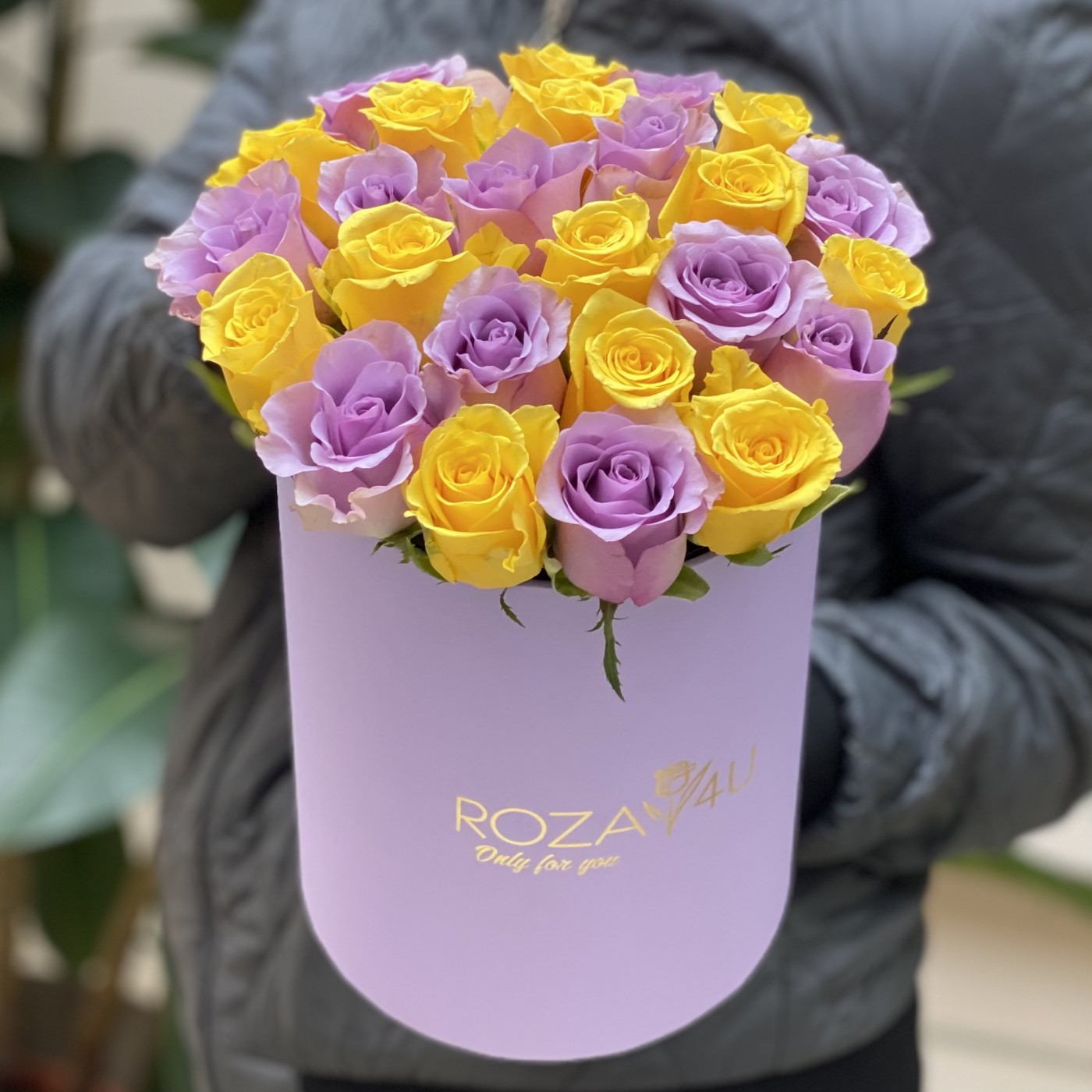 25 желтых и фиолетовых роз в коробке