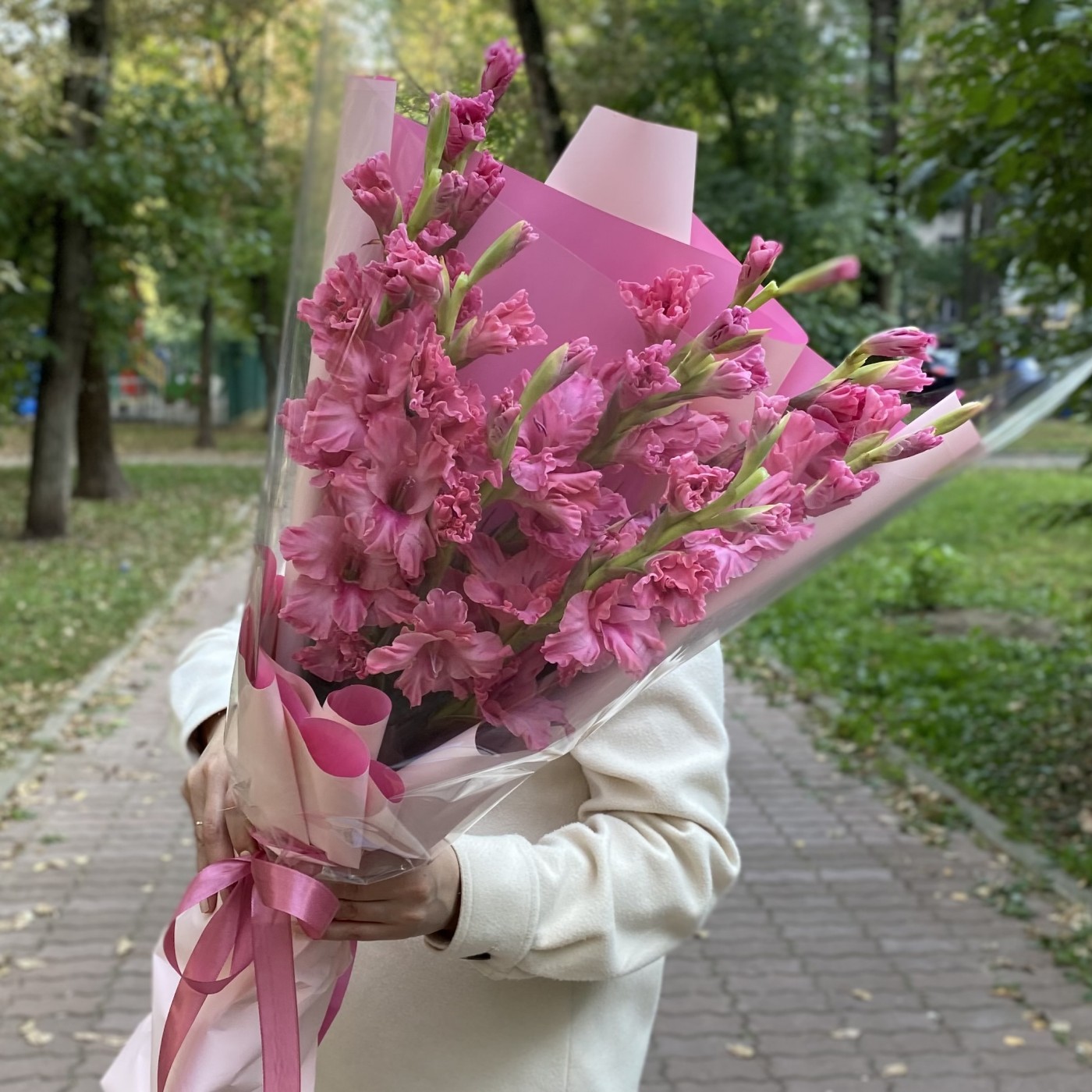 9 розовых гладиолусов