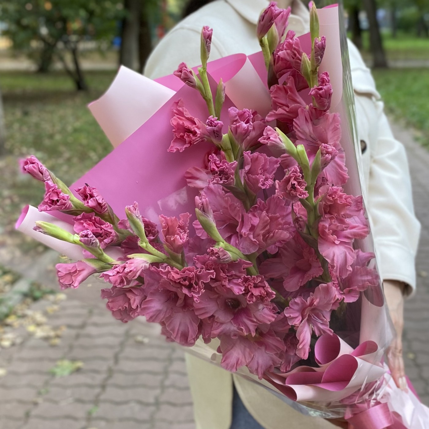 9 розовых гладиолусов