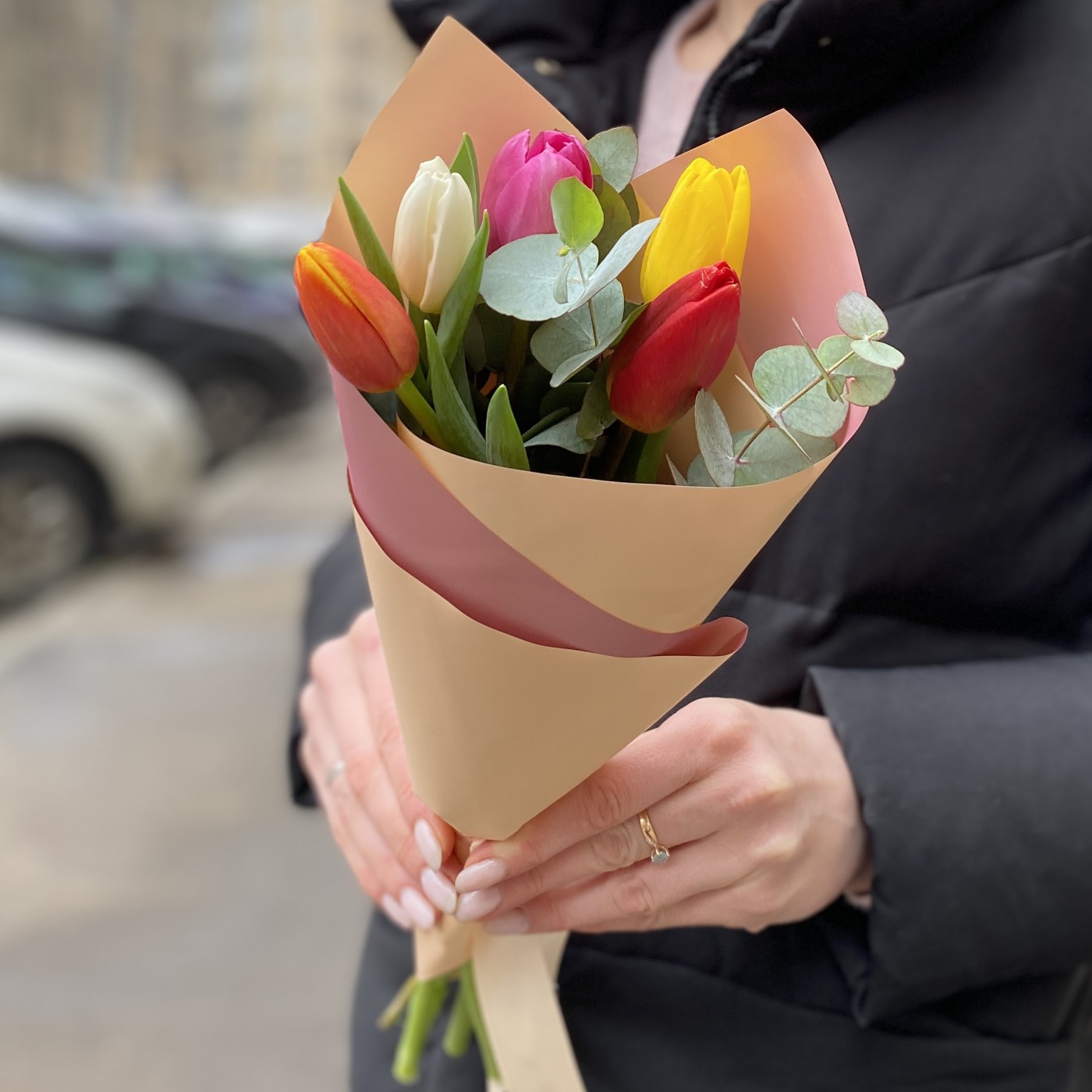 5 разноцветных тюльпанов